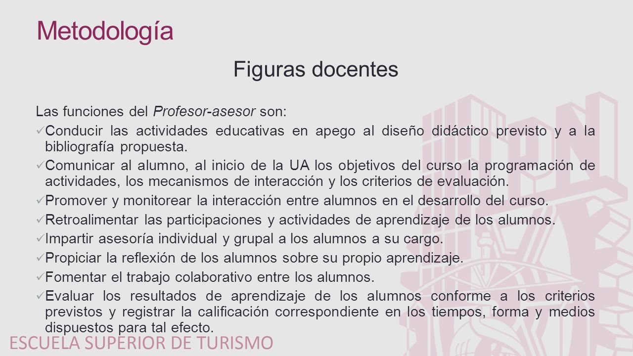 Metodología Figuras docentes Las funciones del Profesor-asesor son:
