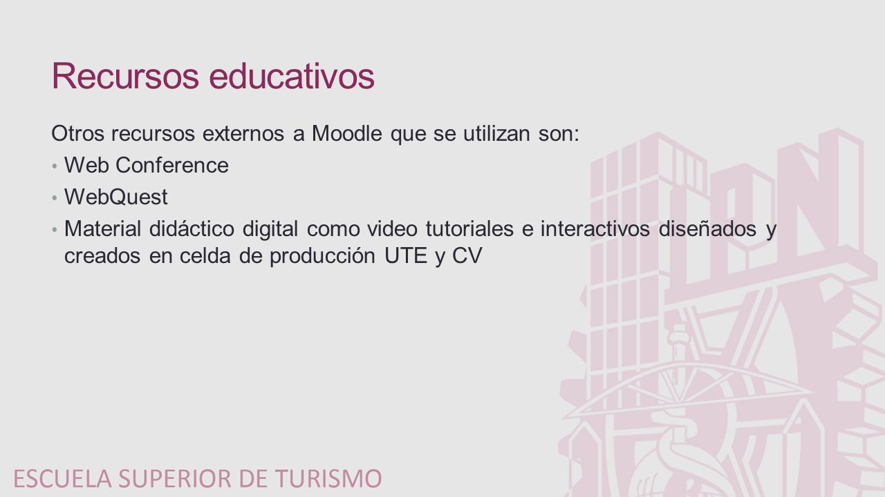 Recursos educativos Otros recursos externos a Moodle que se utilizan son: Web Conference. WebQuest.