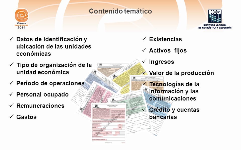 Contenido temático Datos de identificación y ubicación de las unidades económicas. Tipo de organización de la unidad económica.
