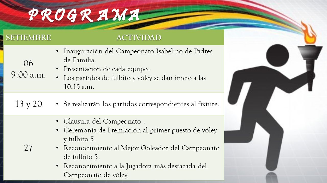 P R O G R A M A 06 9:00 a.m. 13 y SETIEMBRE ACTIVIDAD