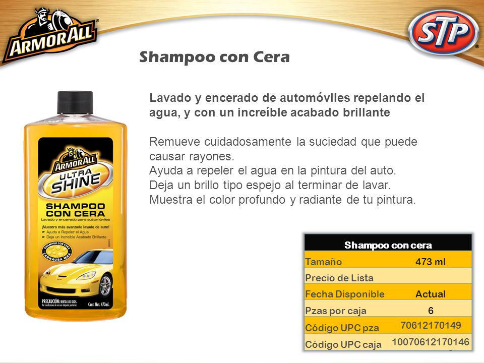 Shampoo con Cera Lavado y encerado de automóviles repelando el agua, y con un increíble acabado brillante.
