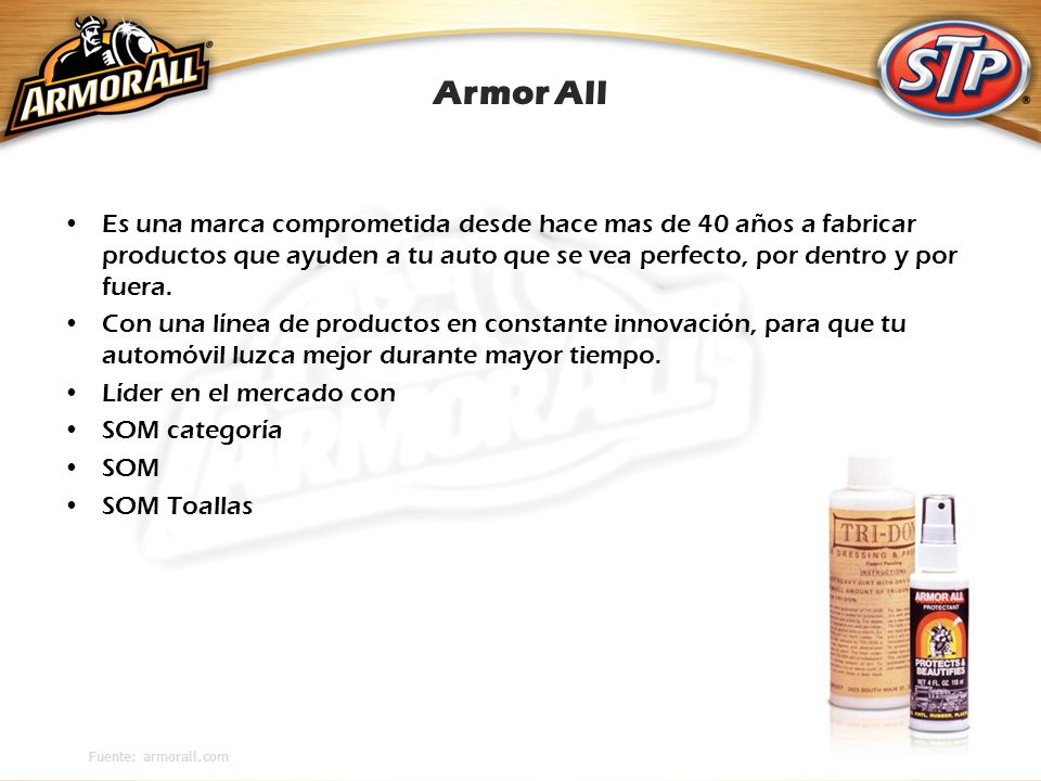 Armor All Es una marca comprometida desde hace mas de 40 años a fabricar productos que ayuden a tu auto que se vea perfecto, por dentro y por fuera.