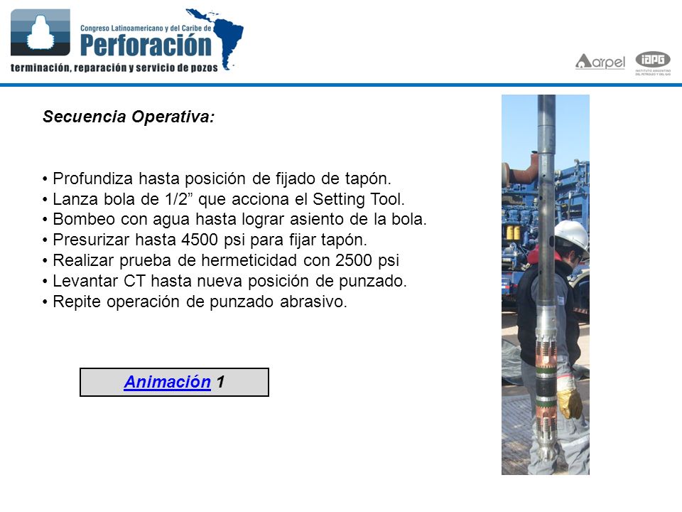 Secuencia Operativa: Profundiza hasta posición de fijado de tapón. Lanza bola de 1/2 que acciona el Setting Tool.