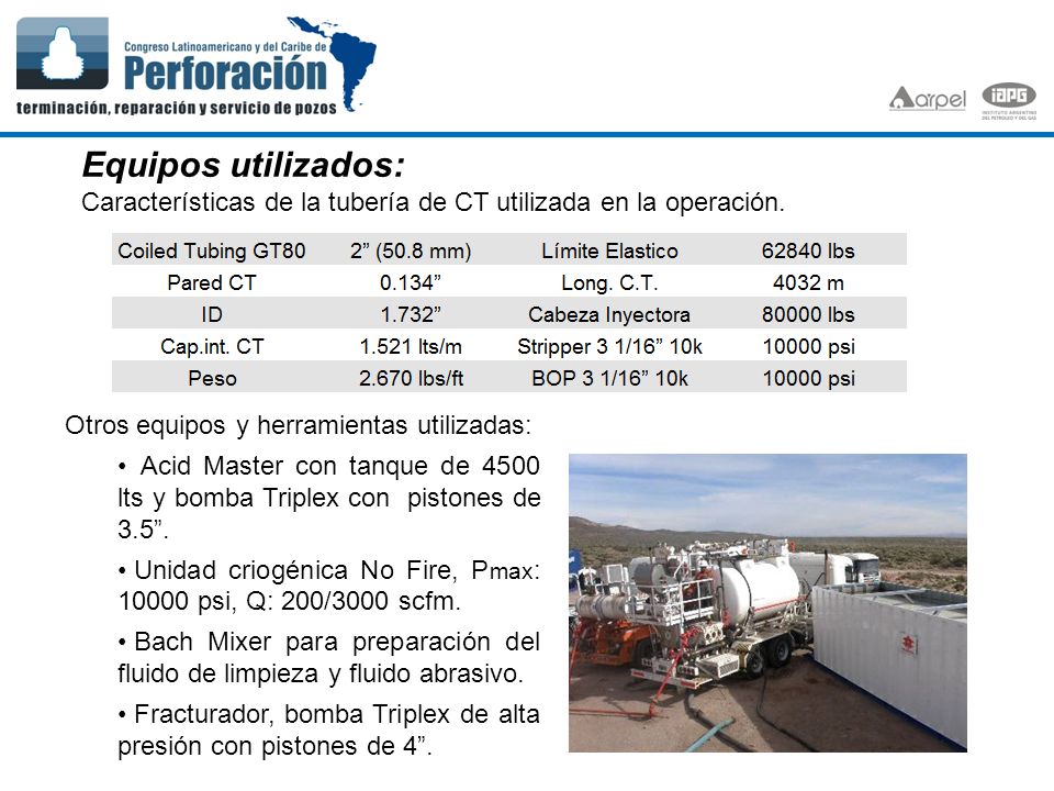 Equipos utilizados: Características de la tubería de CT utilizada en la operación. Otros equipos y herramientas utilizadas: