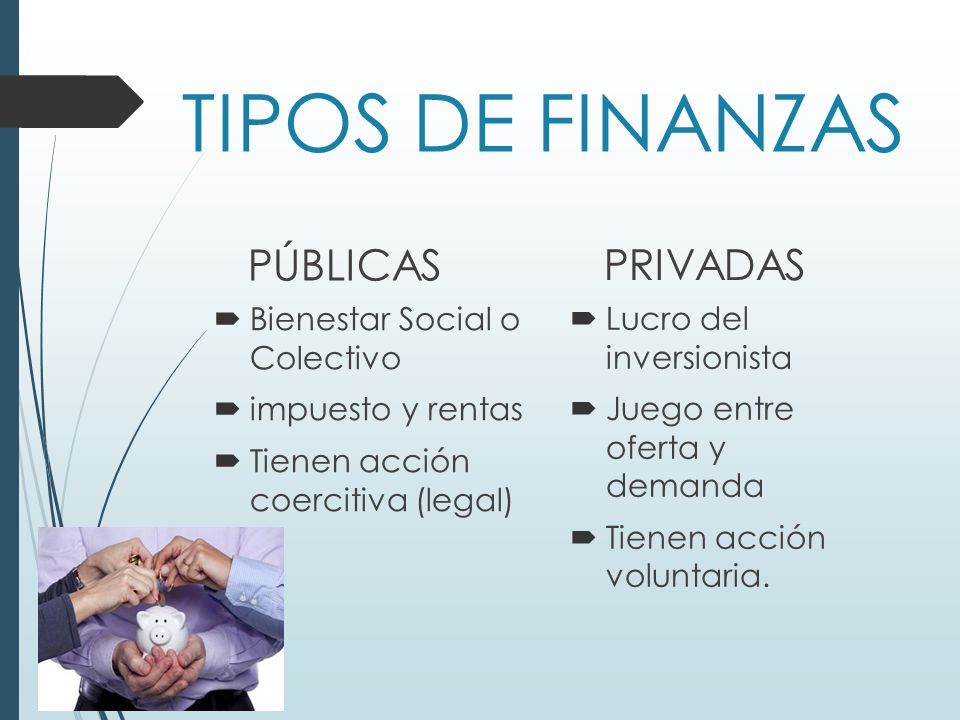 TIPOS DE FINANZAS PÚBLICAS PRIVADAS Bienestar Social o Colectivo