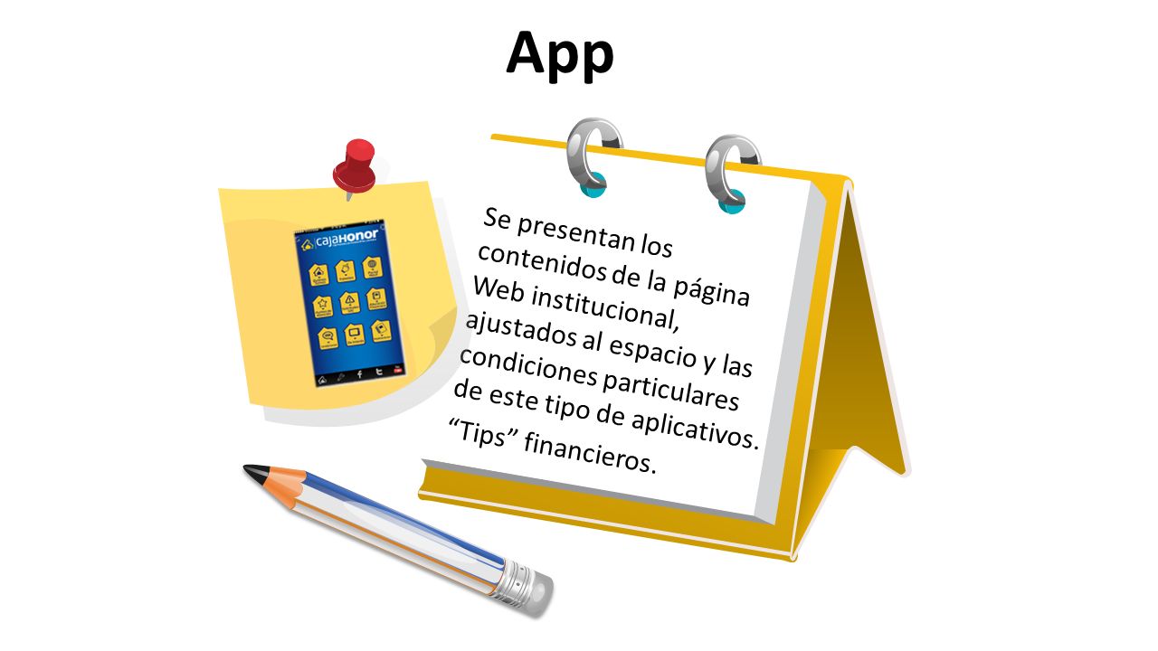 App Se presentan los contenidos de la página Web institucional, ajustados al espacio y las condiciones particulares de este tipo de aplicativos.