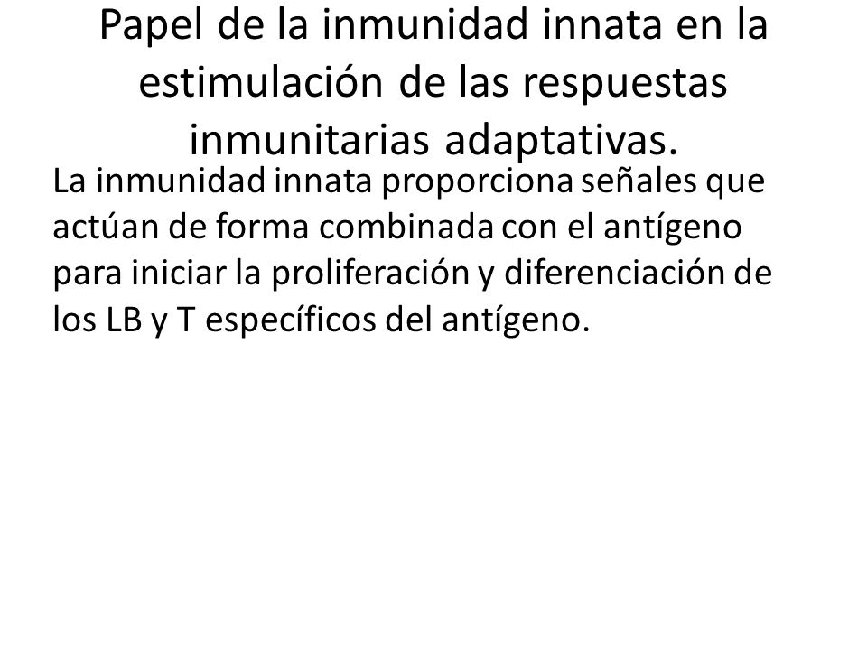 Papel de la inmunidad innata en la estimulación de las respuestas inmunitarias adaptativas.
