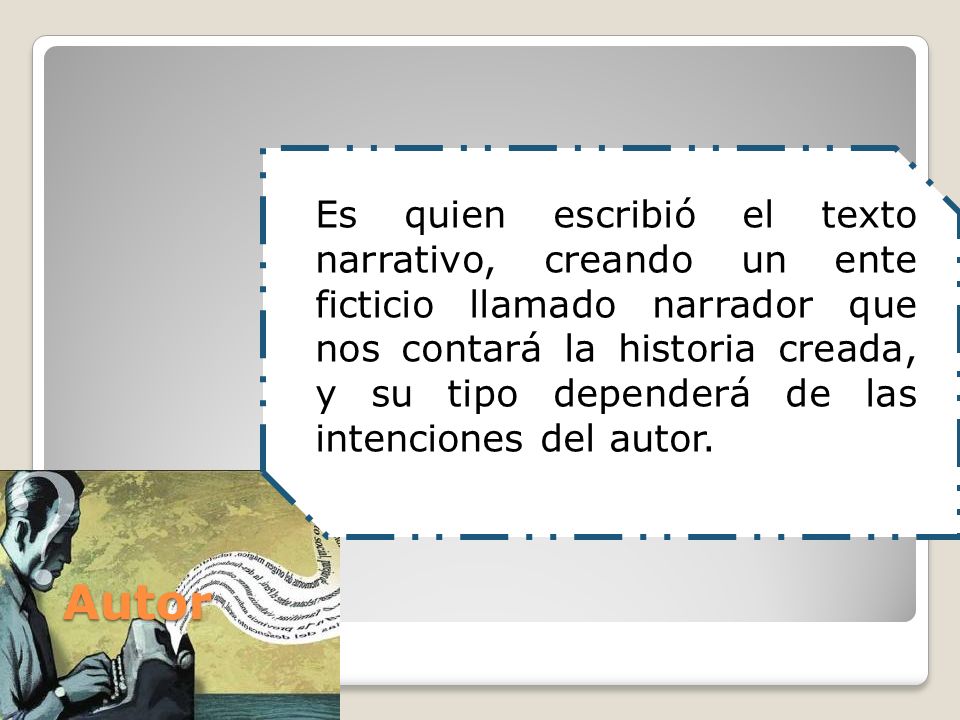 Es quien escribió el texto narrativo, creando un ente ficticio llamado narrador que nos contará la historia creada, y su tipo dependerá de las intenciones del autor.