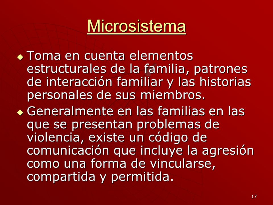 Microsistema Toma en cuenta elementos estructurales de la familia, patrones de interacción familiar y las historias personales de sus miembros.