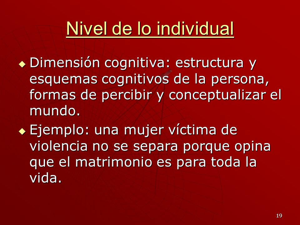 Nivel de lo individual Dimensión cognitiva: estructura y esquemas cognitivos de la persona, formas de percibir y conceptualizar el mundo.