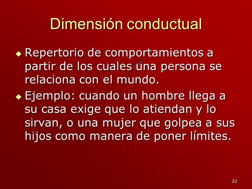 Dimensión conductual Repertorio de comportamientos a partir de los cuales una persona se relaciona con el mundo.