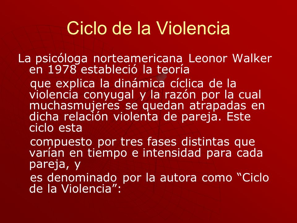 Ciclo de la Violencia La psicóloga norteamericana Leonor Walker en 1978 estableció la teoría.