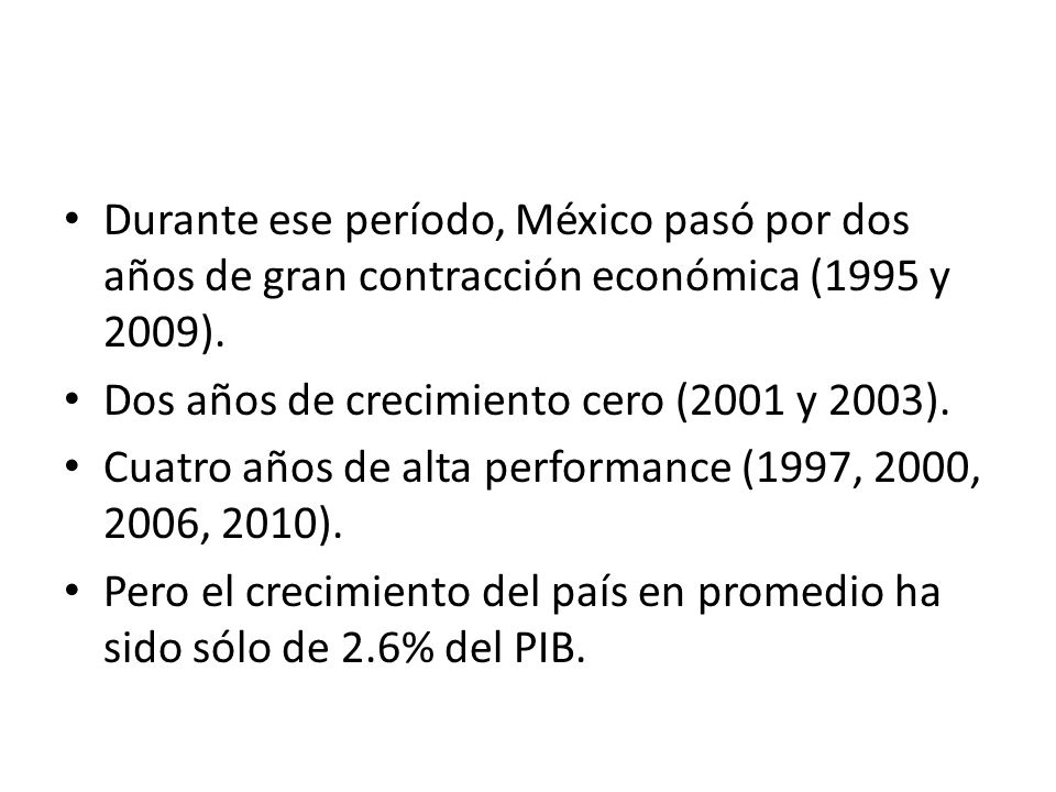 Durante ese período, México pasó por dos años de gran contracción económica (1995 y 2009).