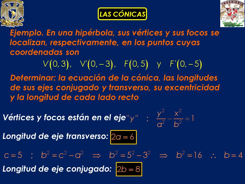 Ejemplo. En una hipérbola, sus vértices y sus focos se localizan, respectivamente, en los puntos cuyas coordenadas son