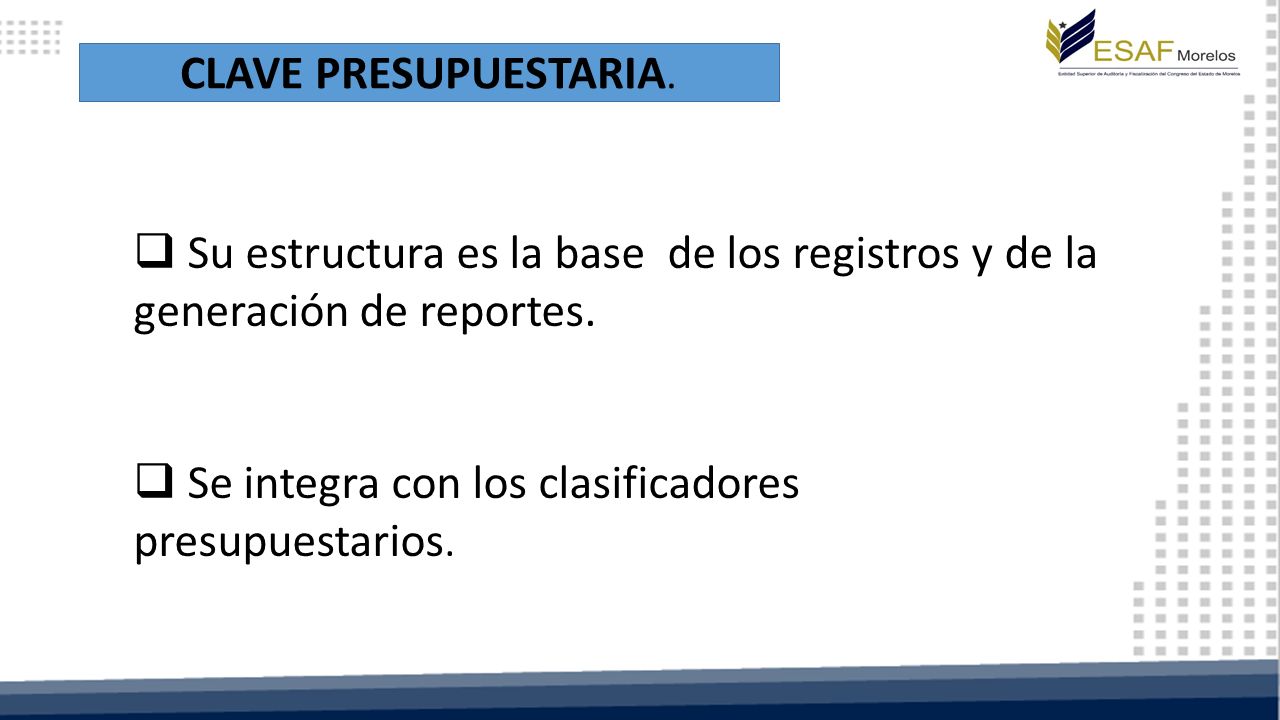 CLAVE PRESUPUESTARIA. Su estructura es la base de los registros y de la generación de reportes.