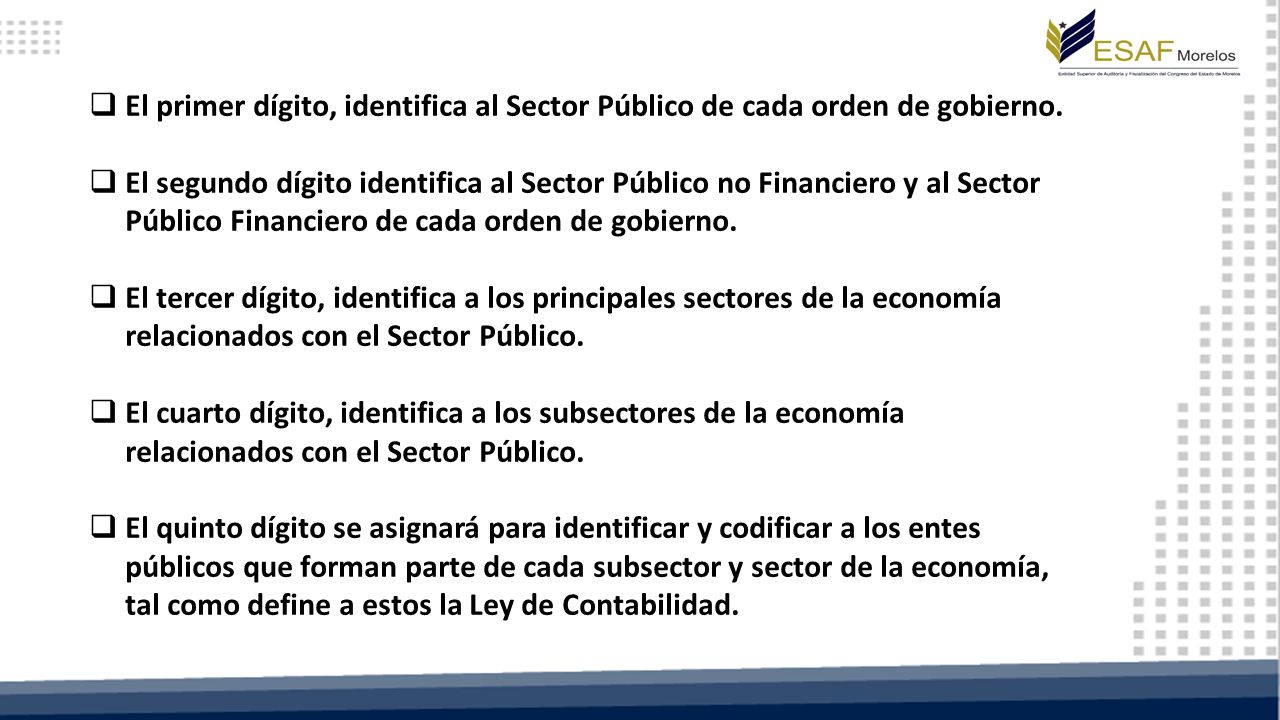 El primer dígito, identifica al Sector Público de cada orden de gobierno.