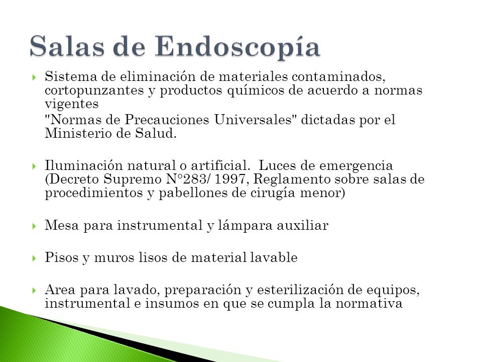 Salas de Endoscopía Sistema de eliminación de materiales contaminados, cortopunzantes y productos químicos de acuerdo a normas vigentes.