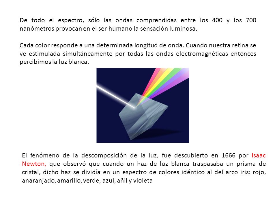 De todo el espectro, sólo las ondas comprendidas entre los 400 y los 700 nanómetros provocan en el ser humano la sensación luminosa.