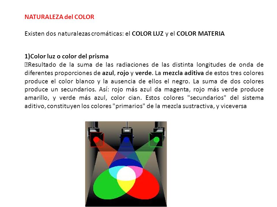 NATURALEZA del COLOR Existen dos naturalezas cromáticas: el COLOR LUZ y el COLOR MATERIA. Color luz o color del prisma