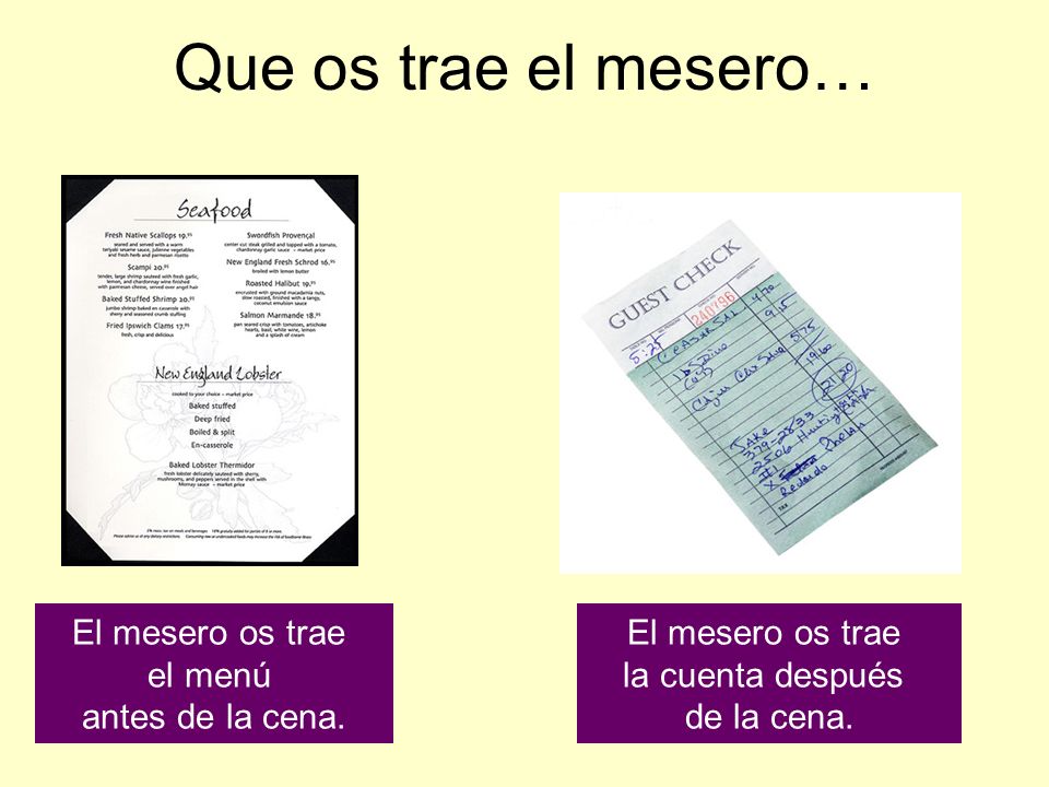 Que os trae el mesero… El mesero os trae el menú antes de la cena.