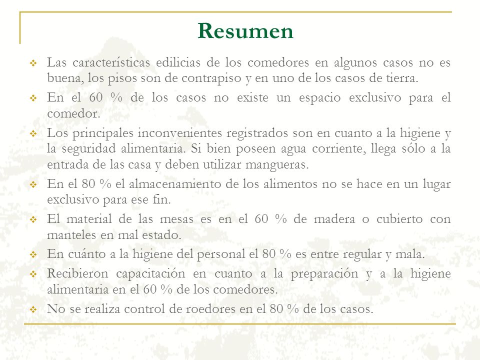 Resumen Las características edilicias de los comedores en algunos casos no es buena, los pisos son de contrapiso y en uno de los casos de tierra.