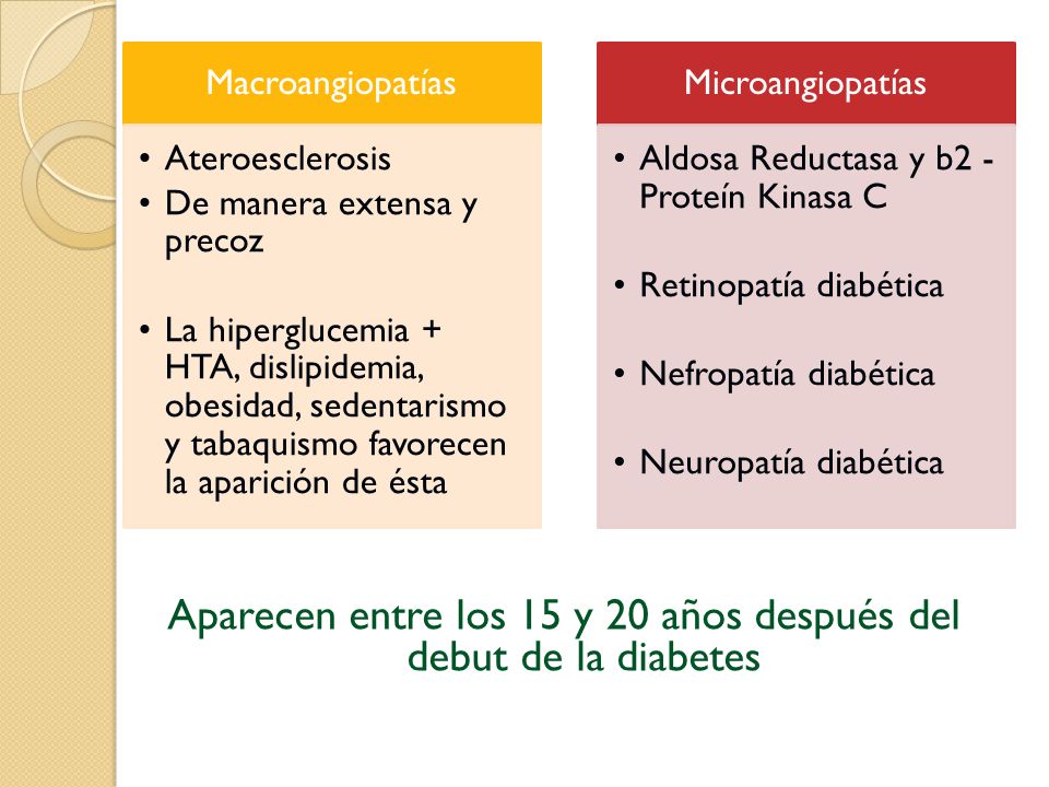 Aparecen entre los 15 y 20 años después del debut de la diabetes