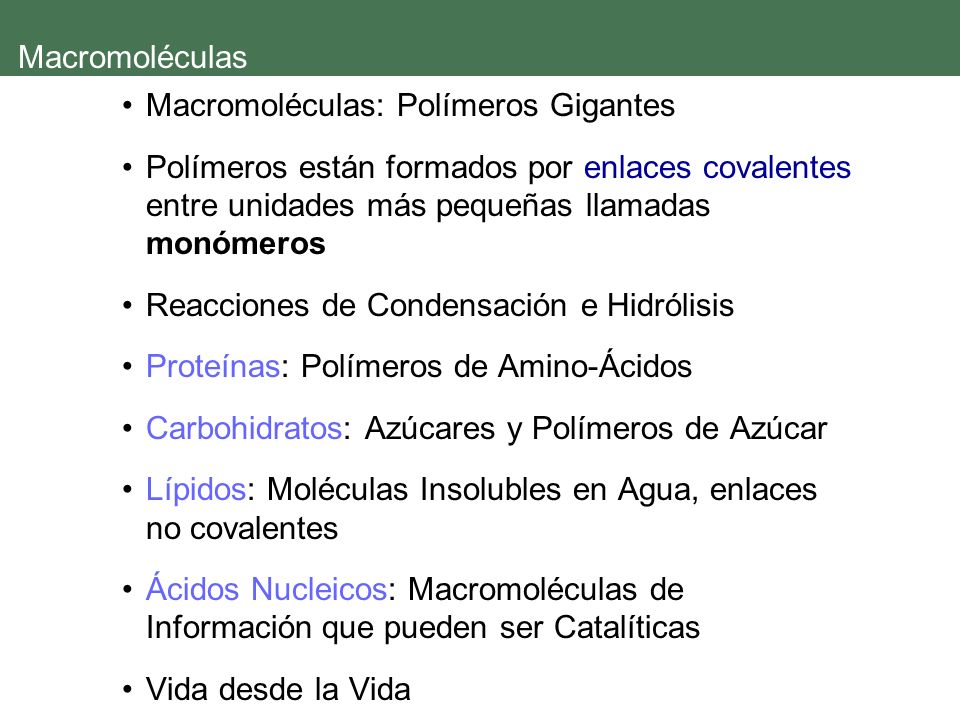 Macromoléculas Macromoléculas: Polímeros Gigantes. Polímeros están formados por enlaces covalentes entre unidades más pequeñas llamadas monómeros.
