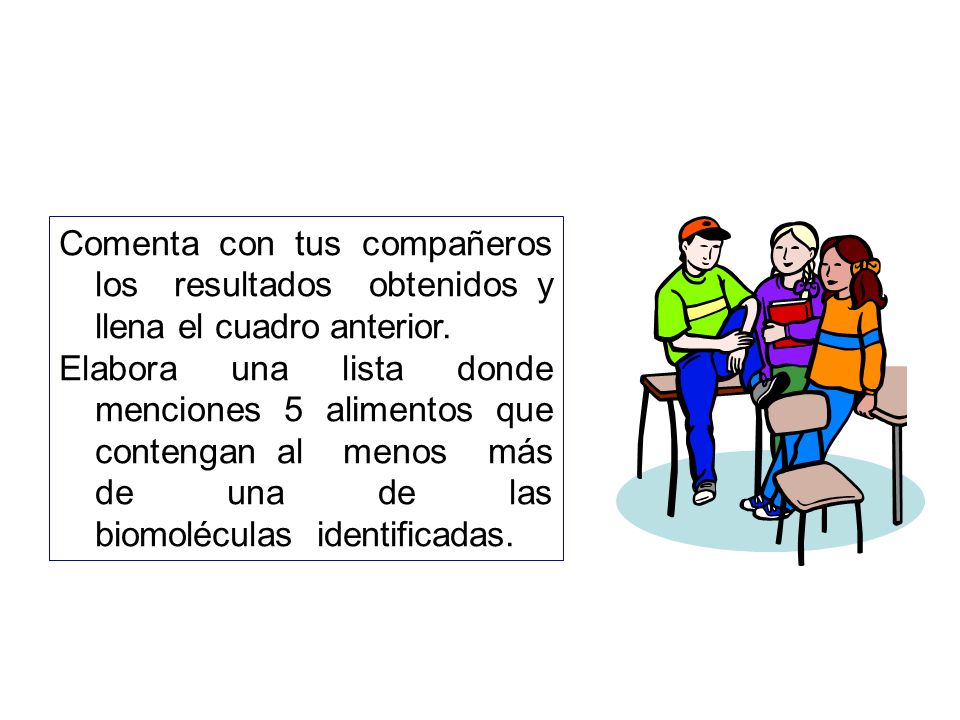 Comenta con tus compañeros los resultados obtenidos y llena el cuadro anterior.