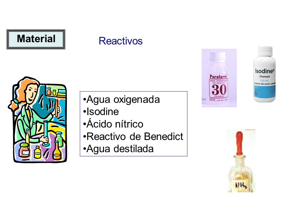 Material Reactivos Agua oxigenada Isodine Ácido nítrico Reactivo de Benedict Agua destilada
