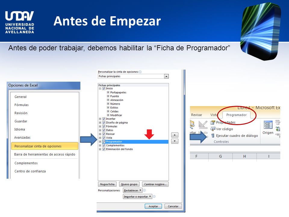 Antes de Empezar Antes de poder trabajar, debemos habilitar la Ficha de Programador