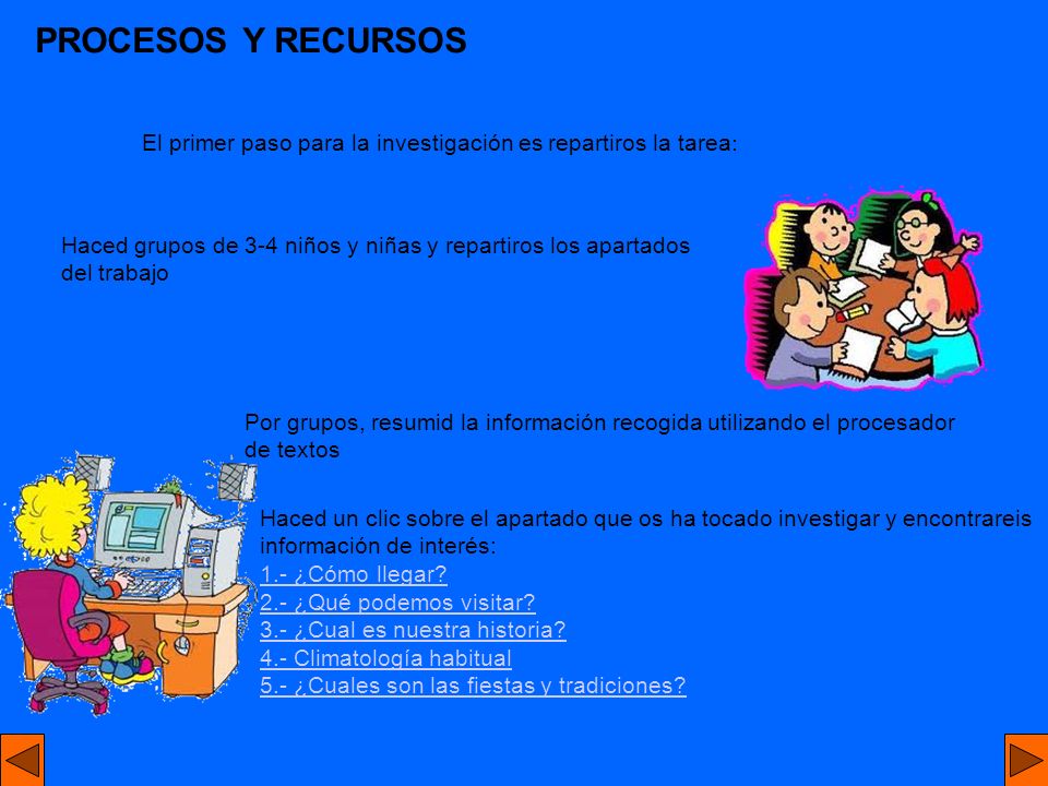 PROCESOS Y RECURSOS El primer paso para la investigación es repartiros la tarea: