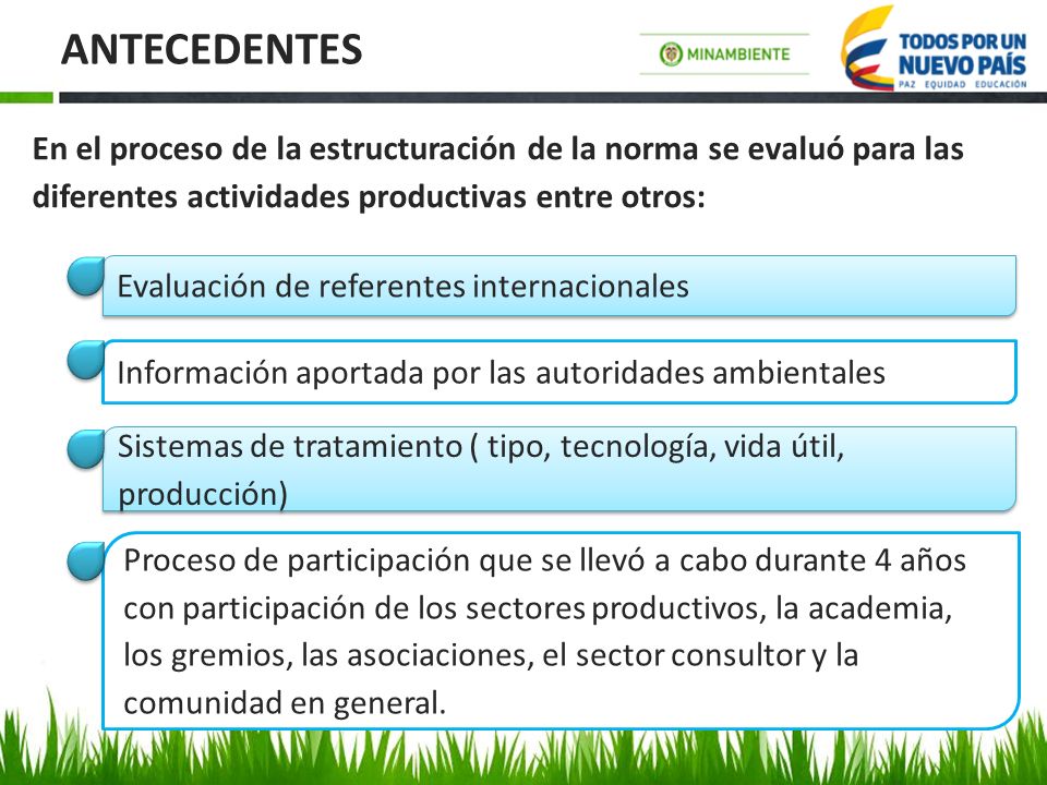 ANTECEDENTES En el proceso de la estructuración de la norma se evaluó para las diferentes actividades productivas entre otros: