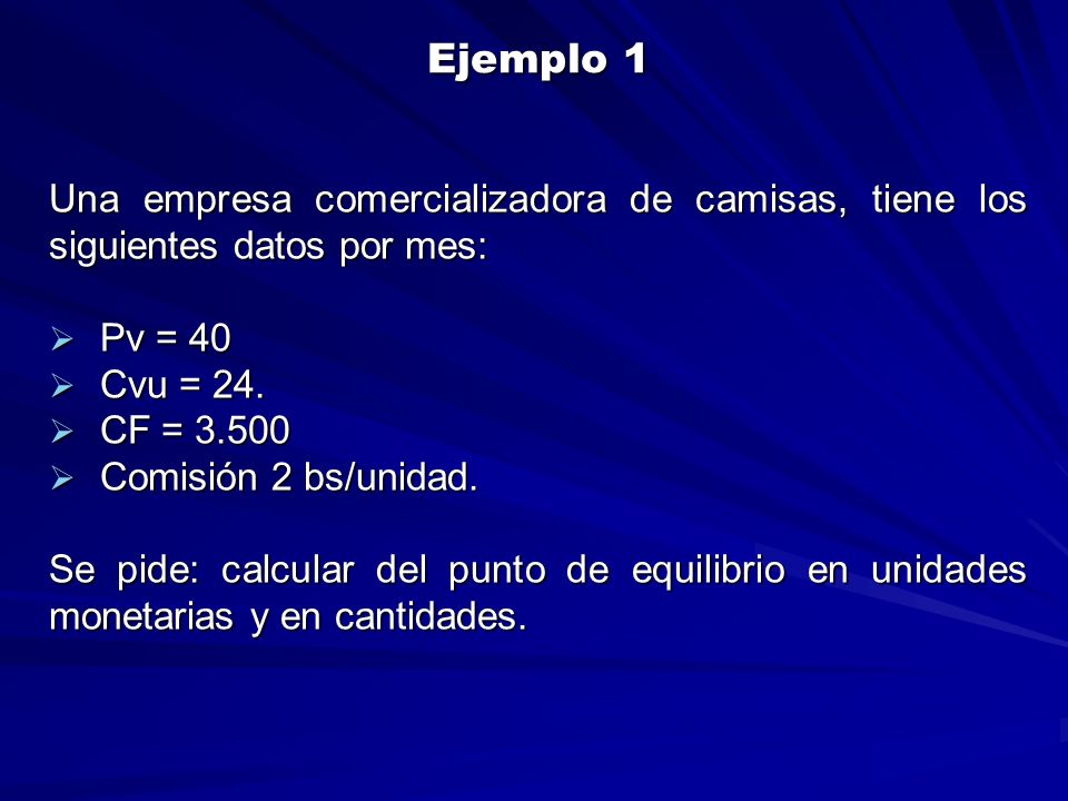 Ejemplo 1 Una empresa comercializadora de camisas, tiene los siguientes datos por mes: Pv = 40. Cvu = 24.