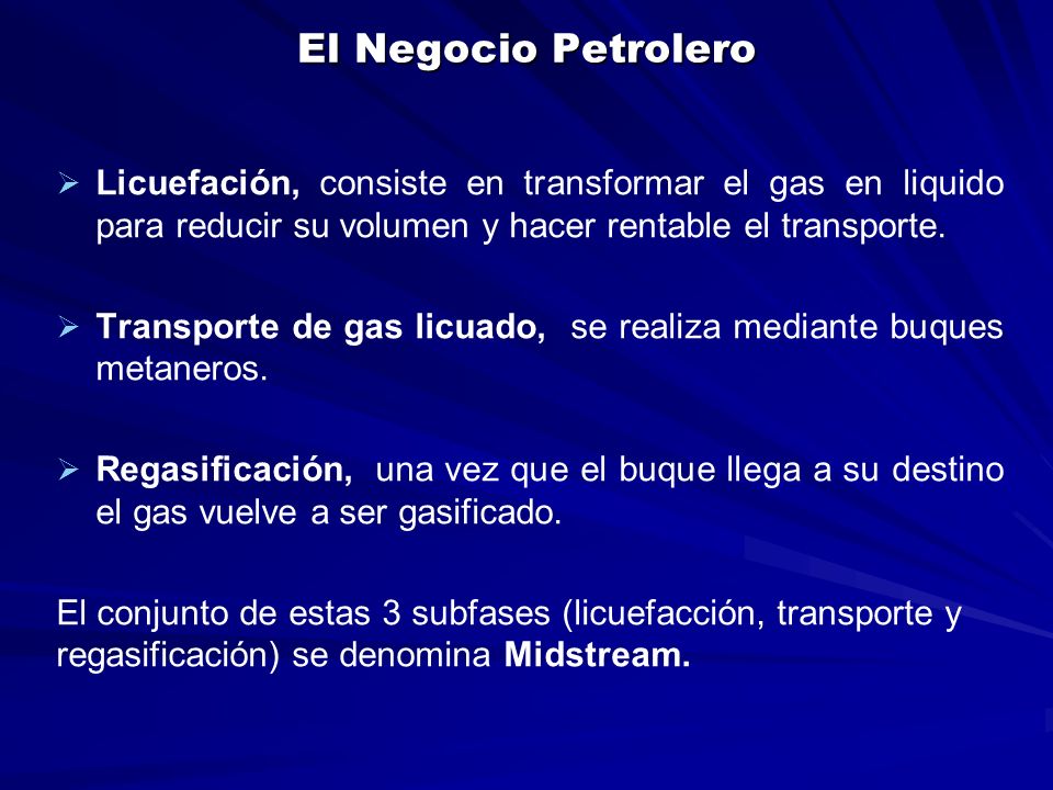 El Negocio Petrolero Licuefación, consiste en transformar el gas en liquido para reducir su volumen y hacer rentable el transporte.