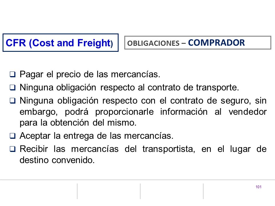 CFR (Cost and Freight) Pagar el precio de las mercancías.