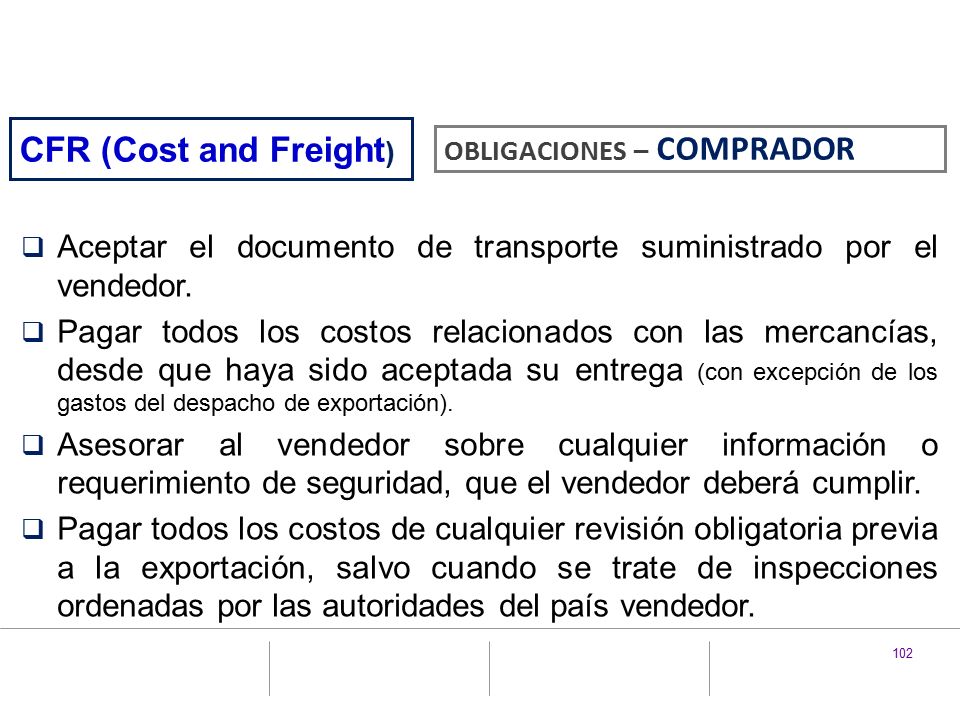 CFR (Cost and Freight) OBLIGACIONES – COMPRADOR. Aceptar el documento de transporte suministrado por el vendedor.