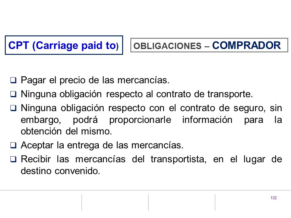 CPT (Carriage paid to) Pagar el precio de las mercancías.