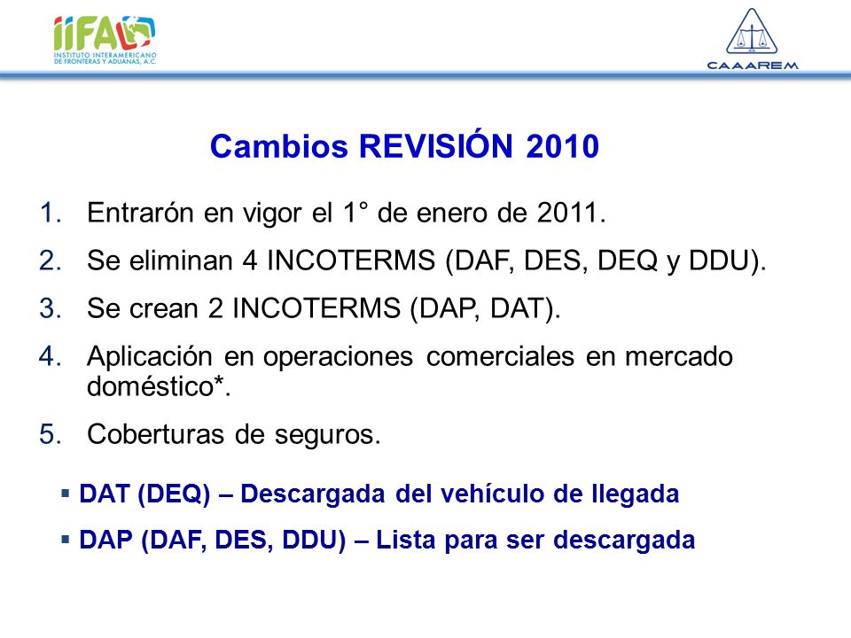 Cambios REVISIÓN 2010 Entrarón en vigor el 1° de enero de 2011.