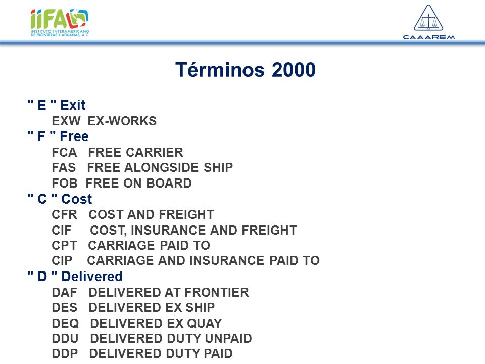 Términos 2000 E Exit F Free C Cost D Delivered