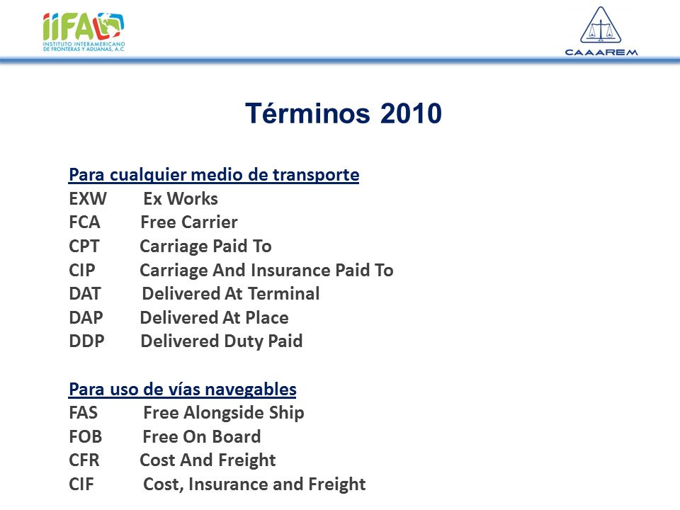 Términos 2010 Para cualquier medio de transporte EXW Ex Works