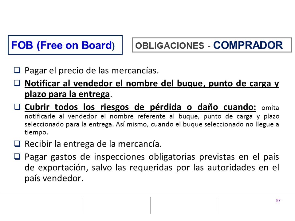 FOB (Free on Board) Pagar el precio de las mercancías.