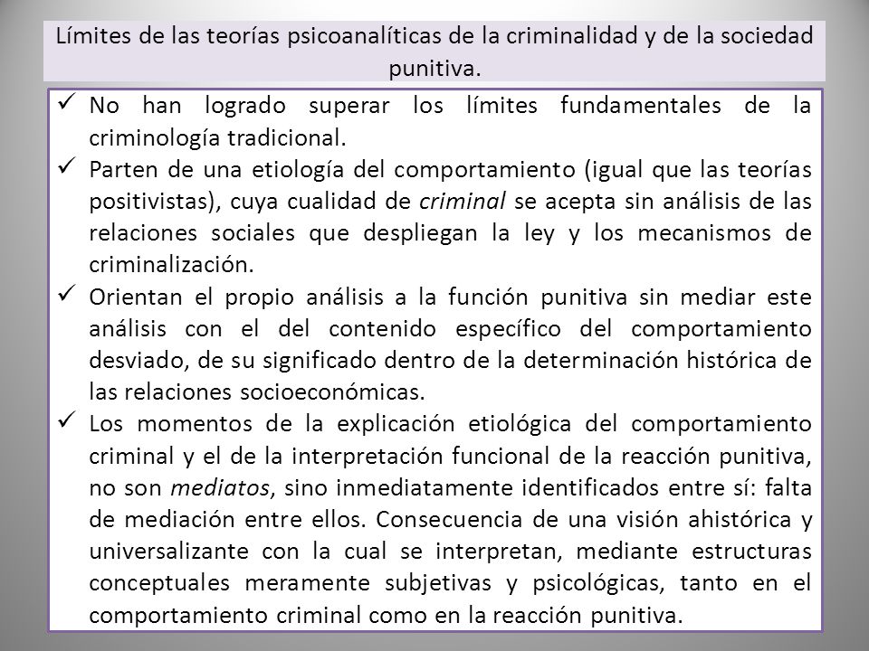 Límites de las teorías psicoanalíticas de la criminalidad y de la sociedad punitiva.