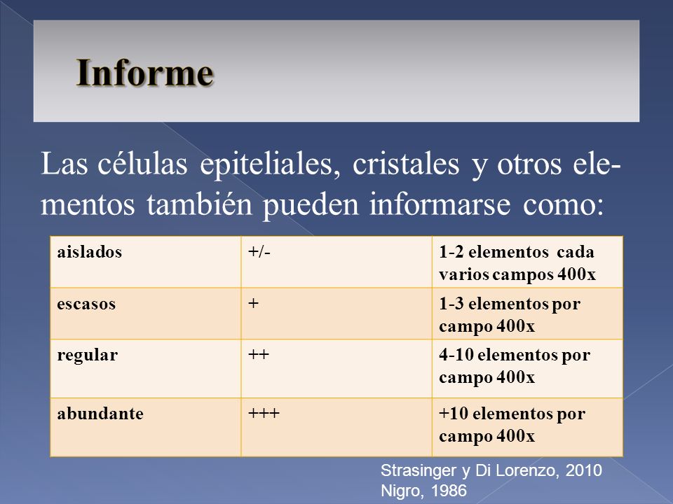 Las células epiteliales, cristales y otros ele-mentos también pueden informarse como: