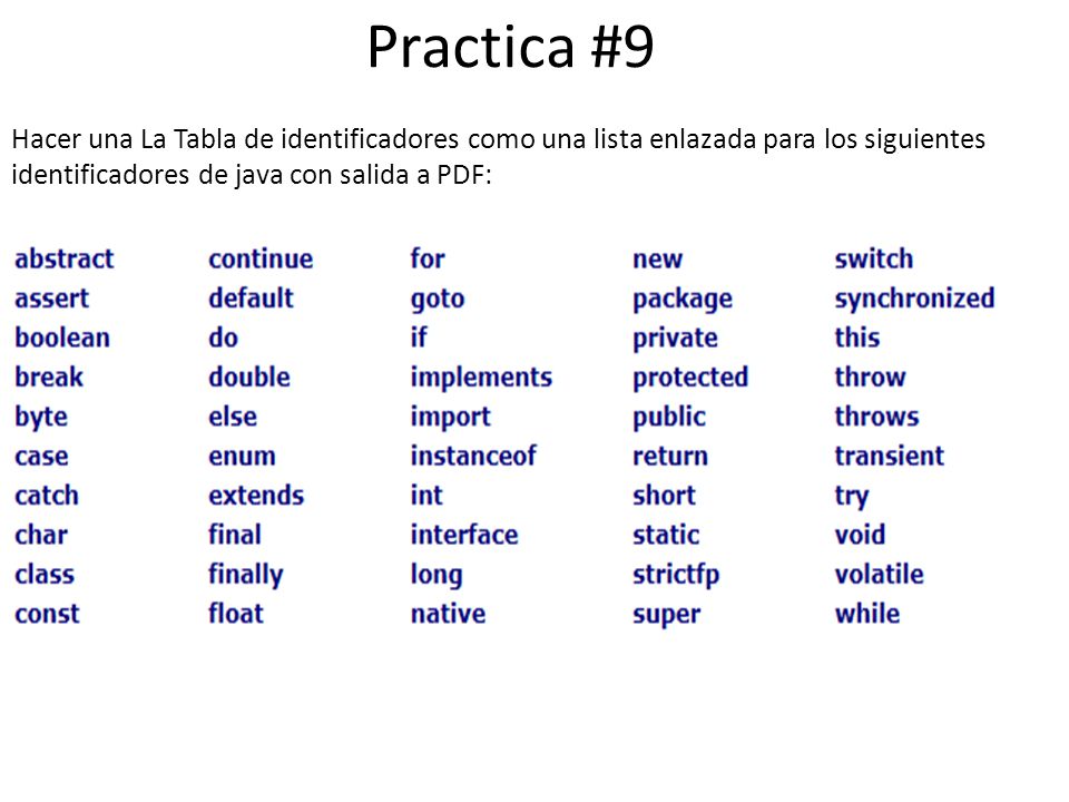 Practica #9 Hacer una La Tabla de identificadores como una lista enlazada para los siguientes identificadores de java con salida a PDF: