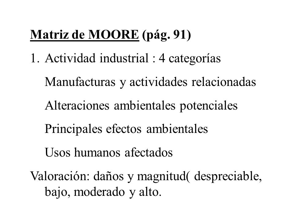 Matriz de MOORE (pág. 91) Actividad industrial : 4 categorías. Manufacturas y actividades relacionadas.
