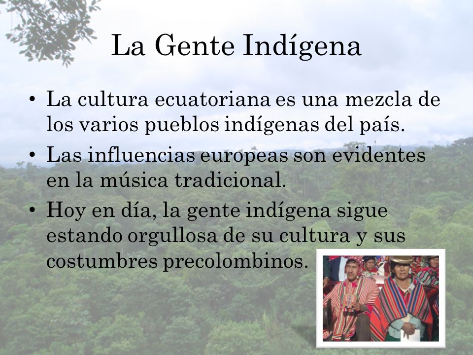 La Gente Indígena La cultura ecuatoriana es una mezcla de los varios pueblos indígenas del país.