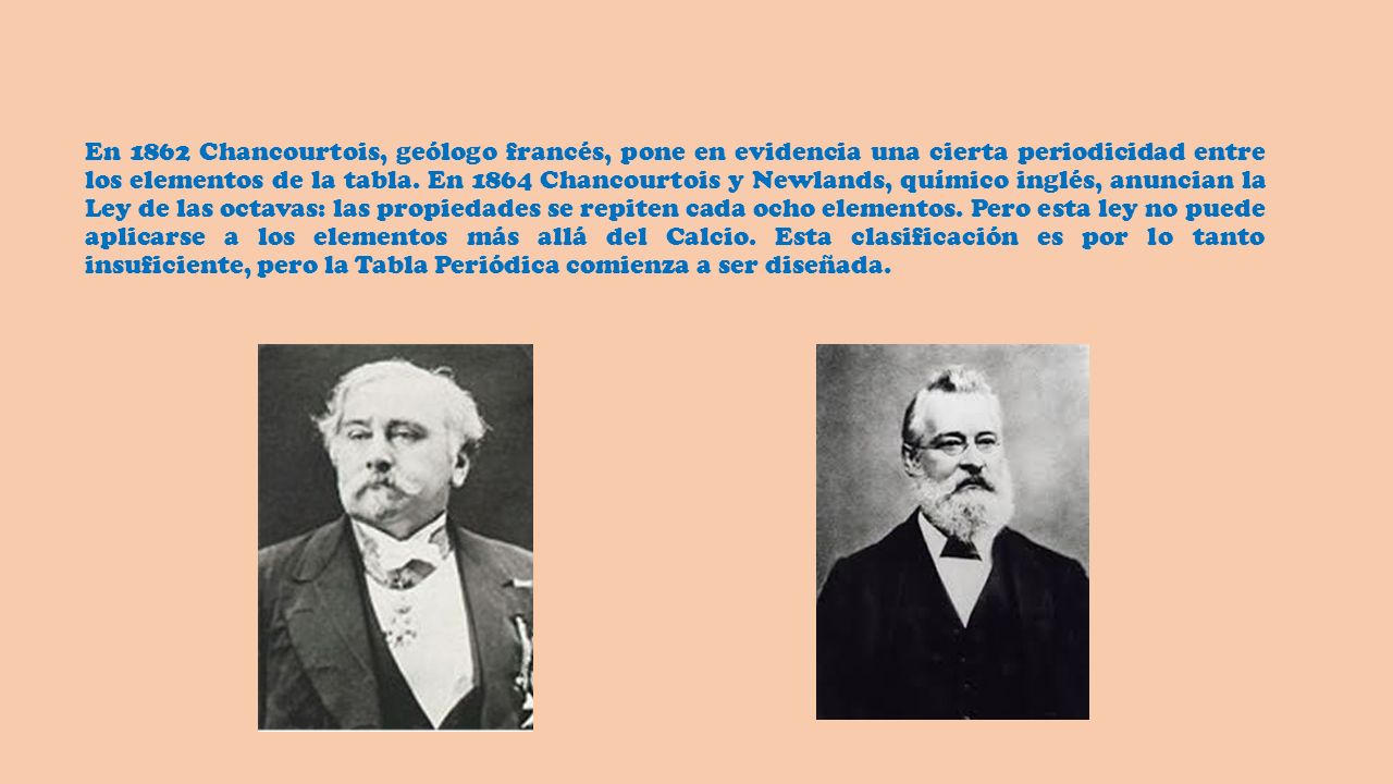 En 1862 Chancourtois, geólogo francés, pone en evidencia una cierta periodicidad entre los elementos de la tabla.