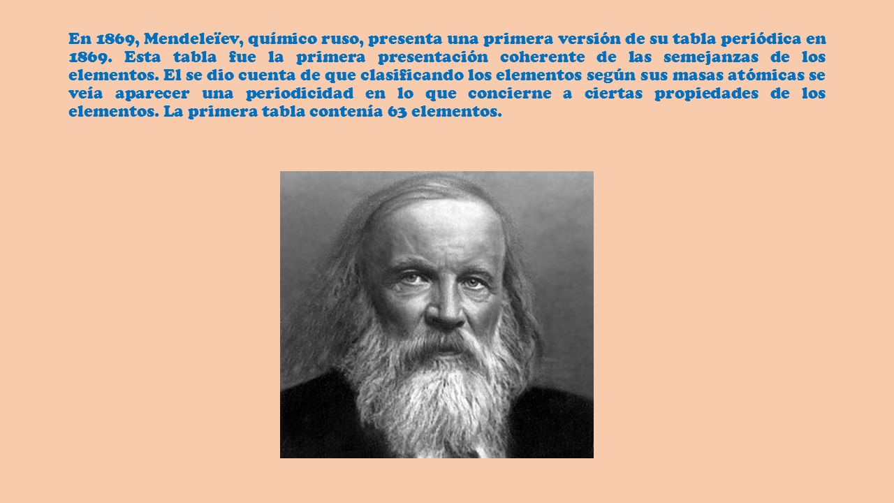 En 1869, Mendeleïev, químico ruso, presenta una primera versión de su tabla periódica en 1869.