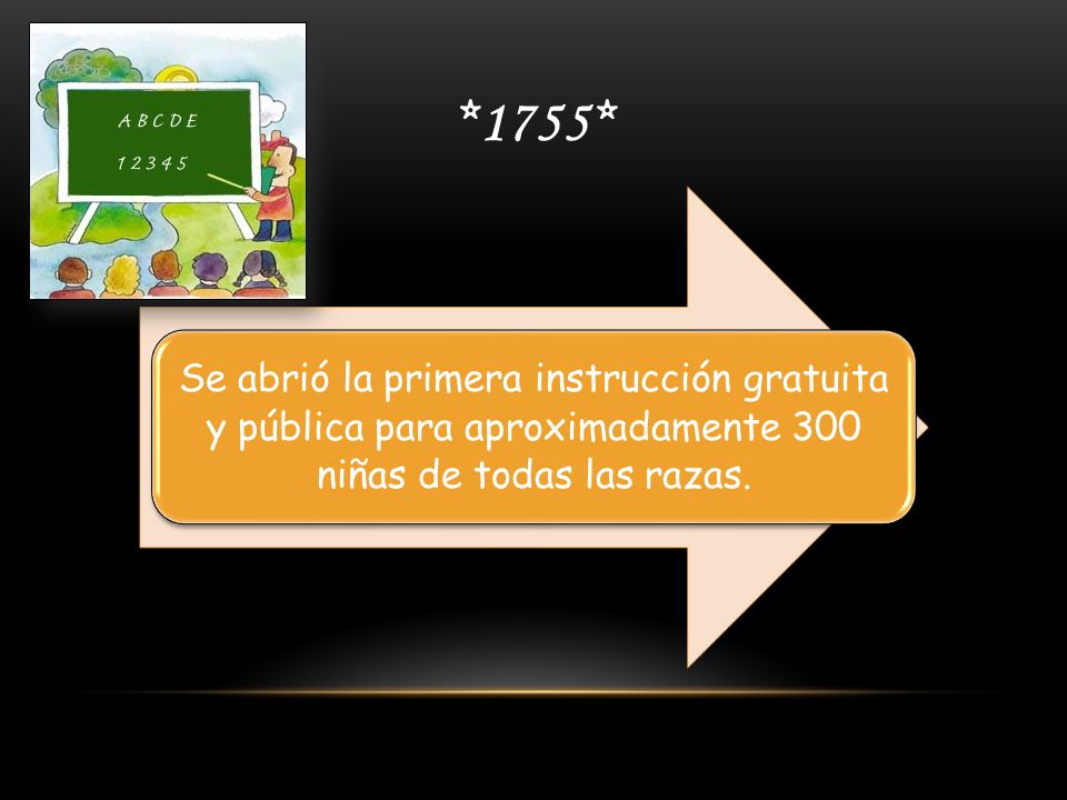 *1755* Se abrió la primera instrucción gratuita y pública para aproximadamente 300 niñas de todas las razas.
