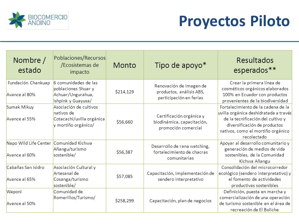 Proyectos Piloto Nombre / estado Monto Tipo de apoyo*